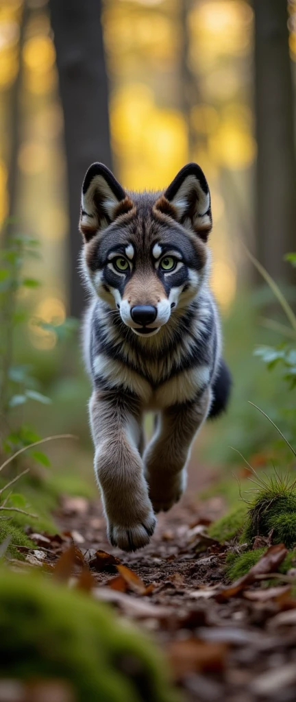 A werewolf cub running wild in the forest 