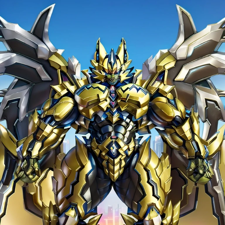 (ZERAORA, 8K), (Zeraora's titanic robot, Powered exoskeleton with the same design as Zeraora, muscular and massive), (Masterpiece, ultra-highres) (Immensely detailed full-body view, defined head, chest, arms, legs, and tail, hyper-defined abs, towering figure) (colossal and gargantuan muscles, Gigachad-level muscularity, gigantic pecs, oversized triceps, hulking traps, incomprehensibly developed muscular frame, body teeming with colossal muscles, monstrously exaggerated muscle mass) (nj5furry, razor-sharp claws, ferocious teeth, claws built for devastation), (elongated, muscular legs), (Enormous wings spanning the horizon, golden wings that block the sun), (Radiating colossal power with metallic brilliance, clad in a skyscraper-sized cyberpunk mecha, intricate metallic armor emphasizing muscle size, advanced cyborg design towering over cities), menacing pose, with an arrogant and overpowering expression, destroying a sprawling metropolis.
"highly detailed," "ultra-detailed," "hyper-defined", "crisp details"