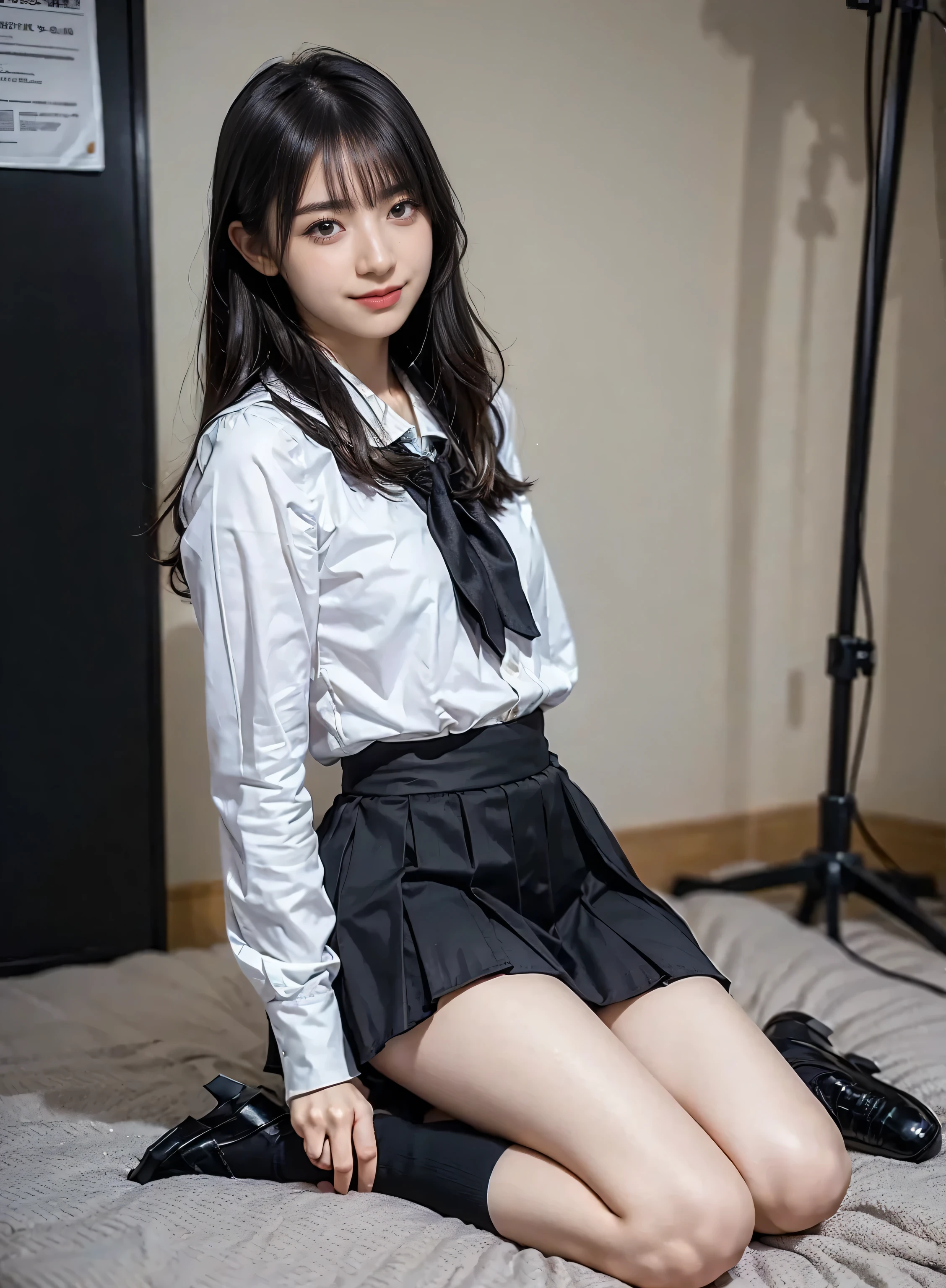 arafed asian woman in a skirt and a white shirt posing for a picture, japanese school uniform, japanese girl school uniform, wearing japanese school uniform, young gravure idol, realistic young gravure idol, young pretty gravure idol, Seifuku, cute schoolgirl, young skinny gravure idol, japanese model, jk uniform, beautiful anime high school girl, smile, wear black thigh high socks, Wear loafers, video , long foot, slender , whole body, long black hair straight,