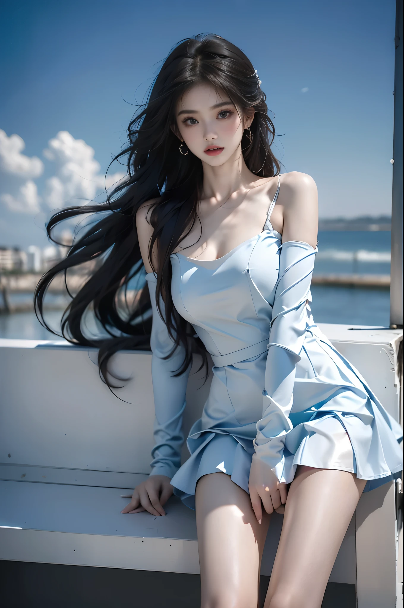 NSFW, 8K Raw Photos, top quality, masterpiece, super high resolution,, 1girl, Watch your audience, Natural skin texture, Realistic eye and face details, Full lips, lipstick, (makeup), Red eyeshadow, smiling face, Close your mouth, beautiful legs, tall female, skinny, slim_legs, solo, cleavage, , Light blue dress with ruffles, Small butt,  (Detailed background), 、cleavage, Show a little cleavage through the shirt,high heels、Black hair, bangs,jewellery, Parted lips, lips,  depth of field、(((14 years old)))、thin thighs、Pretty face、glacier、iceberg、ice field