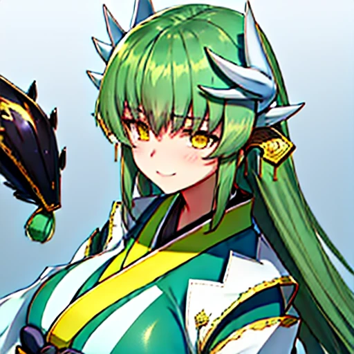 Fate/Grand order, kiyohime, green heirs, yellow eyes,wears kimono,big breasts,shortstuck