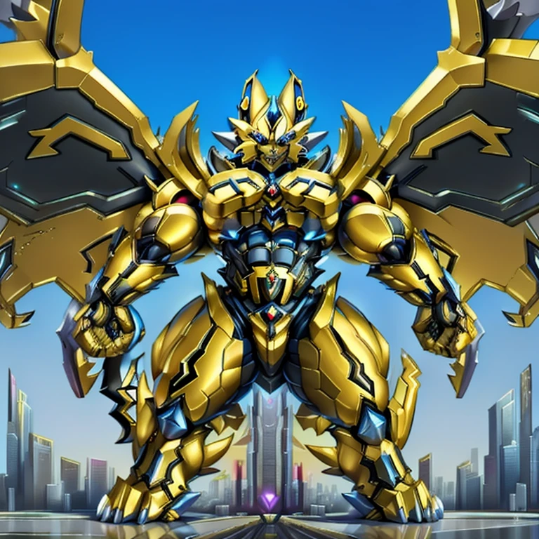 (ZERAORA, 8K), (Zeraora's titanic robot, Powered exoskeleton with the same design as Zeraora, muscular and massive), (Masterpiece, ultra-highres) (Immensely detailed full-body view, defined head, chest, arms, legs, and tail, hyper-defined abs, towering figure) (colossal and gargantuan muscles, Gigachad-level muscularity, gigantic pecs, oversized triceps, hulking traps, incomprehensibly developed muscular frame, body teeming with colossal muscles, monstrously exaggerated muscle mass) (nj5furry, razor-sharp claws, ferocious teeth, claws built for devastation), (elongated, muscular legs), (Enormous wings spanning the horizon, golden wings that block the sun), (Radiating colossal power with metallic brilliance, clad in a skyscraper-sized cyberpunk mecha, intricate metallic armor emphasizing muscle size, advanced cyborg design towering over cities), (entire body glowing in golden hues), menacing pose, with an arrogant and overpowering expression, destroying a sprawling metropolis.