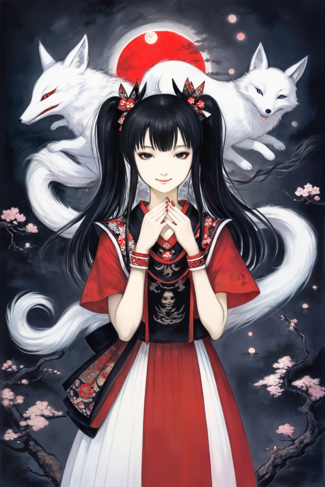 by Yoshitaka Amano, (Broad lighting), low key lighting , Picturesque, dark( Fantasy Art, (Yoshitaka Amano)), (Full-length portrait of a woman, moak, black twin tail hair, smile), shrine, (Red Moon, Shrine Maiden Costume , Red accents), Cherry blossom fan , 1 white fox