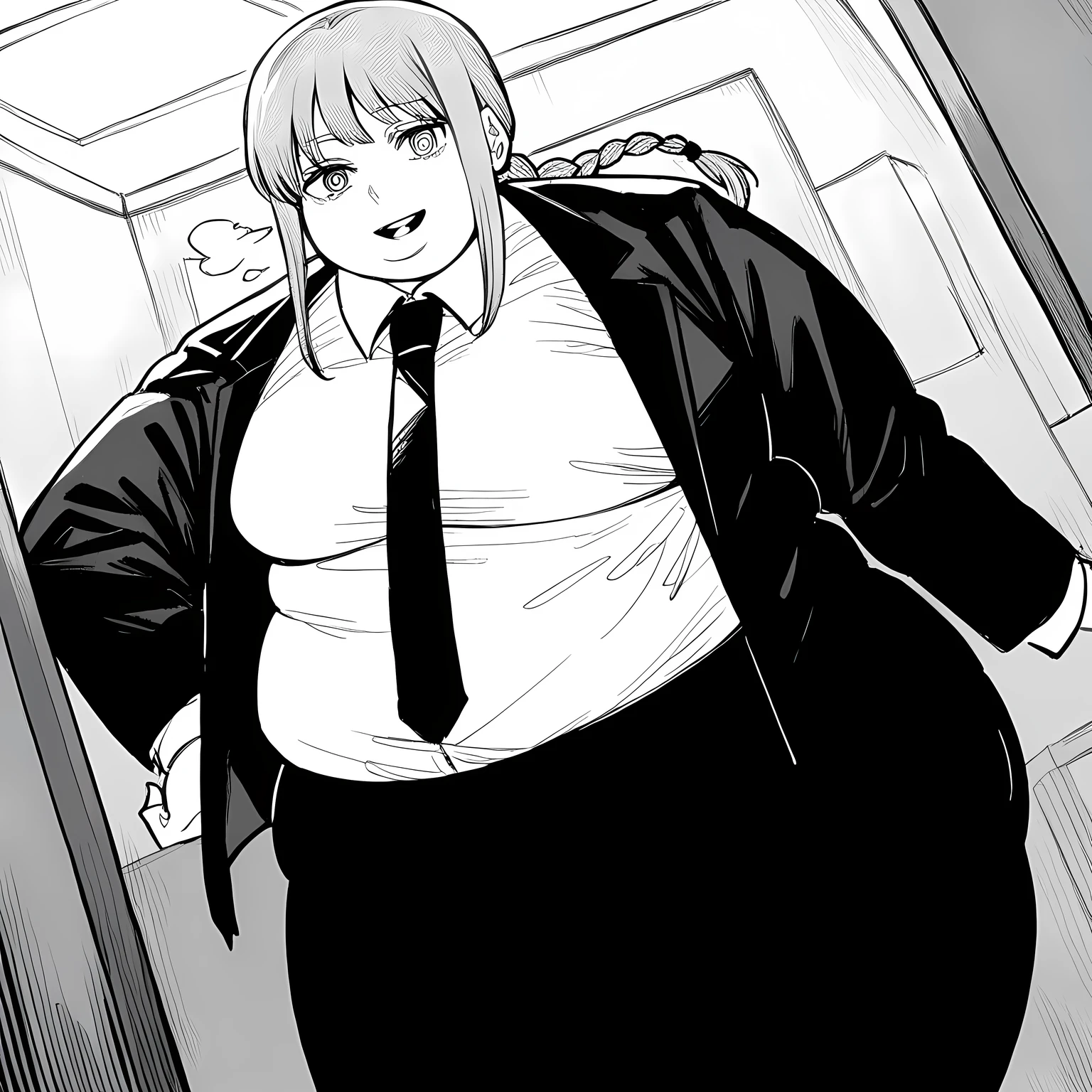 score_9, score_8_up, score_7_up, source_anime,
makima, makima, long hair, smile, bangs, braid, braided ponytail, ringed eyes, monochrome, greyscale,
shirt, long sleeves, jacket, white shirt, necktie, collared shirt, pants, black jacket, black pants, formal, suit, black necktie, shirt tucked in, office lady,
indoors, office, smile,
looking at viewer, cowboy shot, dutch angle, solo, fat, chubby, obese, open mouth, out of breath