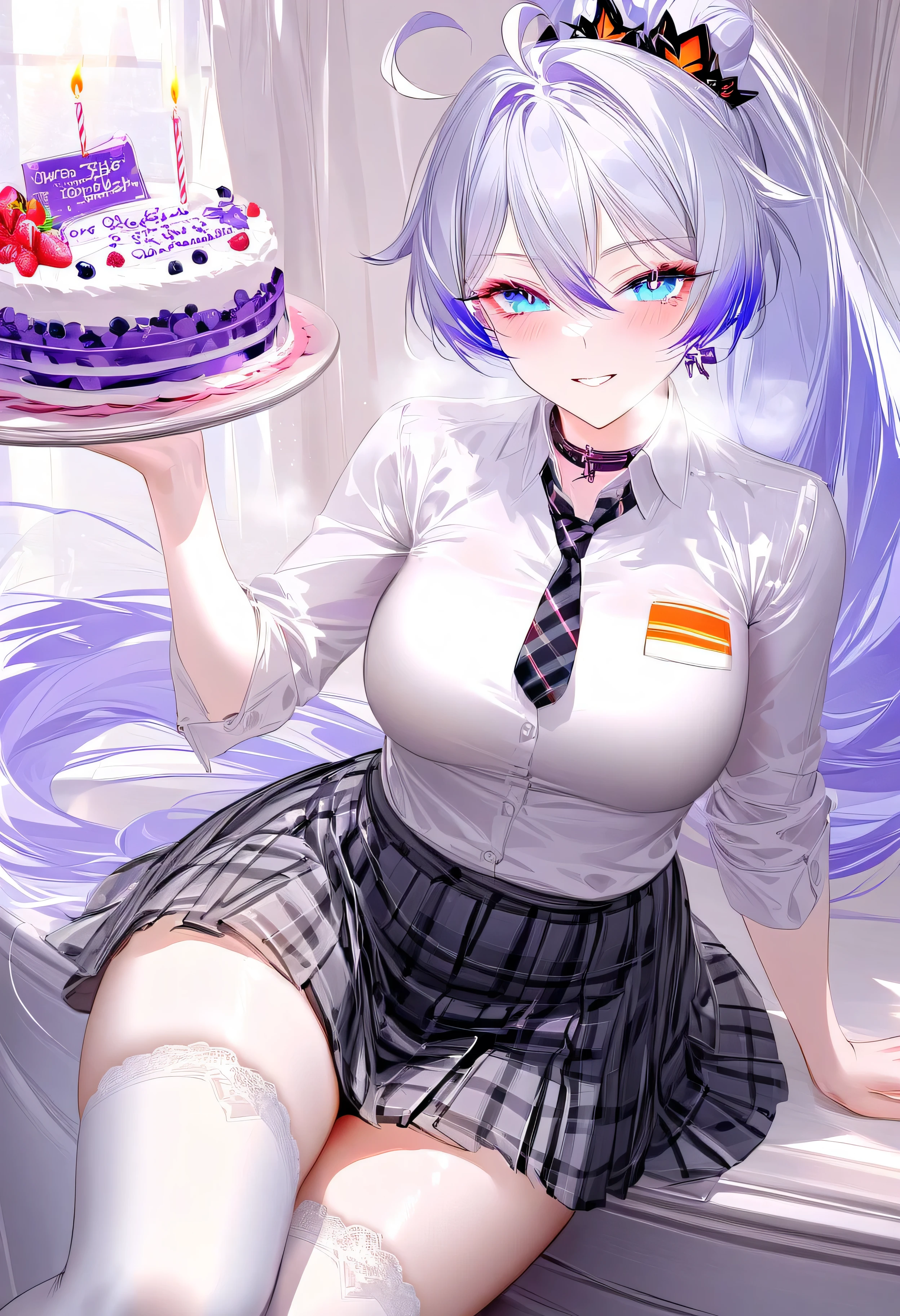 RAR, score_9, score_8_up, score_7_up, masterpiece, best quality, absurdres, vibrant, highly detailed, 1girl, adult grown woman, cowboy shot, kiana kaslana \(honkai impact 3rd\), herrscher of finality, silver hair, ahoge, ponytail, very long hair, blue eyes, symbol-shaped pupils, blush, seductive smile, heavy breathing, high school student outfit, long sleeves jacket, recruit shirt, white lace thighhighs, collar with tie, pleated 1short skirt, (gingham pattern skirt), sitting in a chair, sitting, cake on the table, table, happy birthday, birthday, cake, candle, balloon, gift, indoor, room party