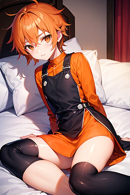 alena、Detailed Description、high resolution、One Girl、Small face、Thin legs、Small waist、Orange Hair、long hair、The ends of the hair are curled、(blush)、Troubled face、Screaming、The yellow dress is torn、The yellow skirt is torn、Black tights are torn、Nipples are visible、White panties、((handcuffs))、Lying down、bed、arms up