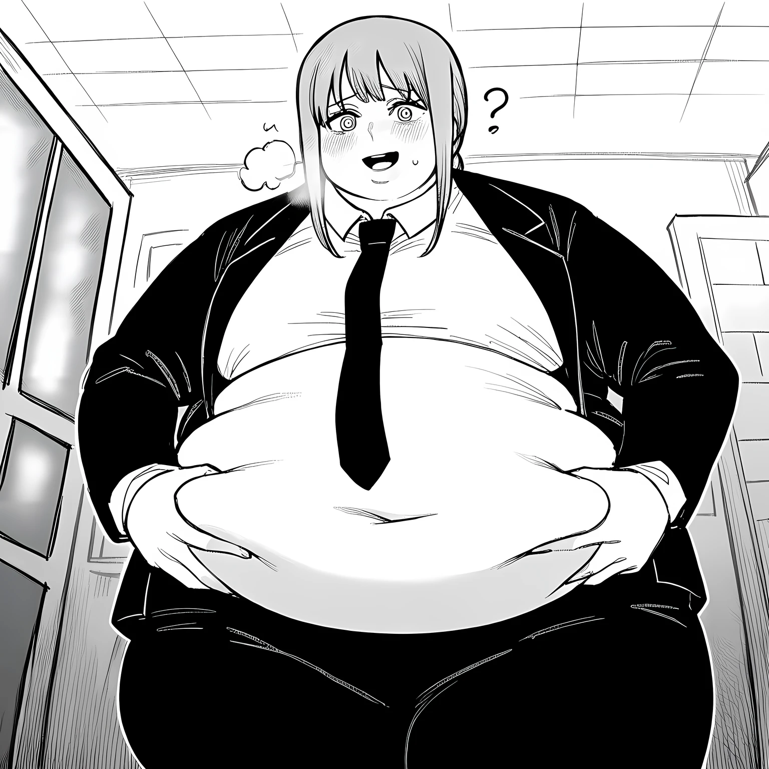 score_9, score_8_up, score_7_up, source_anime,
makima, makima, long hair, smile, bangs, braid, braided ponytail, ringed eyes, monochrome, greyscale,
shirt, long sleeves, jacket, white shirt, necktie, collared shirt, pants, black jacket, black pants, formal, suit, black necktie, shirt tucked in, office lady,
indoors, office, smile,
looking at viewer, cowboy shot, dutch angle, solo, bulging belly, fat, chubby, obese, open mouth, out of breath, absurdres, highres icon, rating:General, confused, blush, {flustered}, nervous sweating, portrait, pov hands, hand on another's belly, averting eyes, [looking away], straight-on, from below, swollen face, masterpiece, best quality, ultra-detailed, high resolution, 8K, 