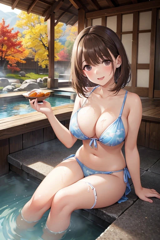 A milf (large breasts, large butt, toned midriff, cute face, short hair, scandalously small swimsuit) Is passed out on a lounge chair drinking a beer while her daughter has a pool party with friends
