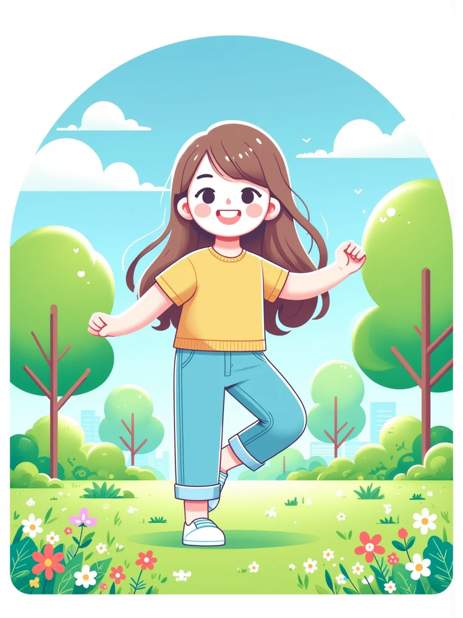 (Flat, UI vector style), 1girl, sketch in green park, rosy cheeks, bright smile, wearing casual, comfortable clothes, park, grass, blue sky, green trees, blooming flowers, Bright colors, cheerful atmosphere, (Simple illustration), (smooth lines), (UI vector style)，(flat illustration), (anatomically correct)