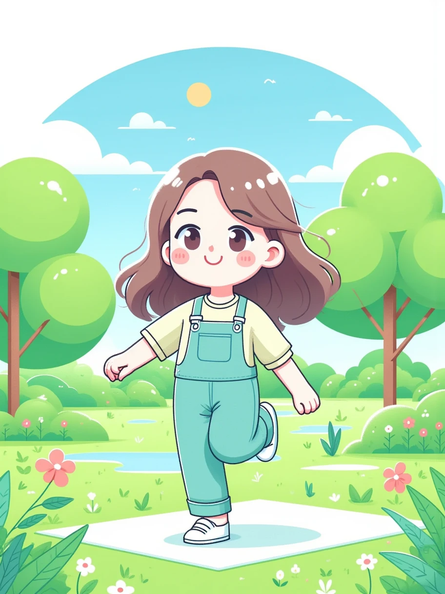 (Flat, UI vector style), 1girl, sketch in green park, rosy cheeks, bright smile, wearing casual, comfortable clothes, park, grass, blue sky, green trees, blooming flowers, Bright colors, cheerful atmosphere, (Simple illustration), (smooth lines), (UI vector style)，(flat illustration), (anatomically correct)