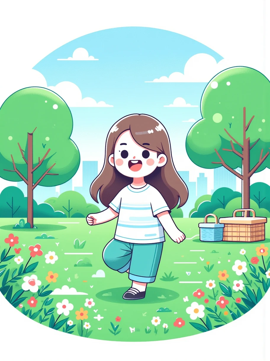 (Flat, UI vector style), 1girl, sketch in green park, rosy cheeks, bright smile, wearing casual, comfortable clothes, park, grass, blue sky, green trees, blooming flowers, Bright colors, cheerful atmosphere, (Simple illustration), (smooth lines), (UI vector style)，(flat illustration), (anatomically correct)