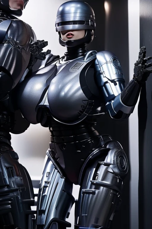 Female RoboCop, beautiful body, big breasts and butt, cornered against a wall, hands raised in surrender, frightened expression