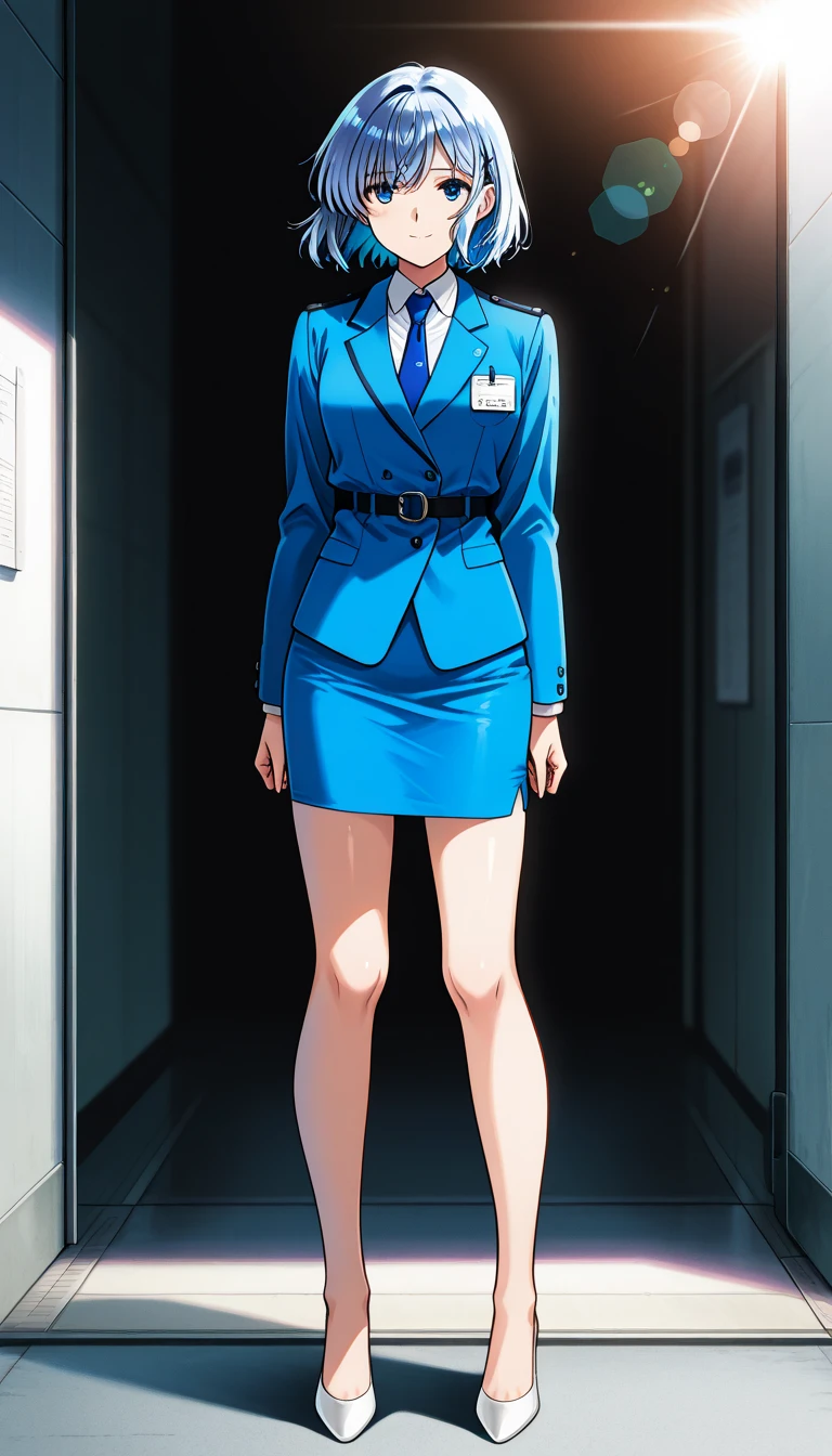 Blue Hair、 short hair、bangs、悲しface、黄colorの瞳、 full body style that reflects your whole body、Normal milk、 narrow waist 、Bare legs、 in a suit、 blue jacket , collared shirt 、 white shirt、 blue tie,belt, blue mini pencil skirt, black tights、White pumps、 official art, Extremely Detailed CG Unity 8K Wallpaper , Full Photo, colorful , bright _ Front_face_光ing,  shiny skin, ( masterpiece:1.0),(Highest_quality:1.0), 超 high definition ,4K, super detailed photo shoot, 8k,  high definition ,  high definition ,  absurd :1.2,  Kodak Portra 400,  film grain ,  blurry background, Bokeh:1.2,  lens flare, ( vibrant_ color:1.2),Professional photography,Anime Images、