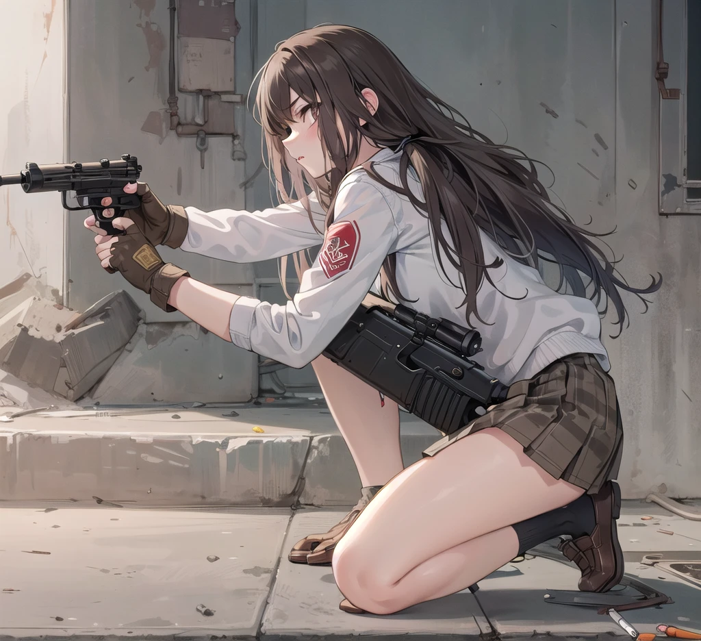    1 girl, Alone,  long hair,  Around town,  camouflage suit,  brown hair,    black hair  ,  gloves, holding,    twin tails ,    Brown Eyes   ,      School Uniforms,    jacket, whole body,    ponytail, arms,  Pleated Skirt , shoes,   black  gloves, socks,     fingerless  gloves , holding arms, from side, gun, Check pattern, Knee-length, Check pattern スカート,   Brown Footwear  , white    jacket, black socks, , holding gun, rifle,  cigarettes, brown skirt, sniper rifle, Firing, Range   , Suppressor
