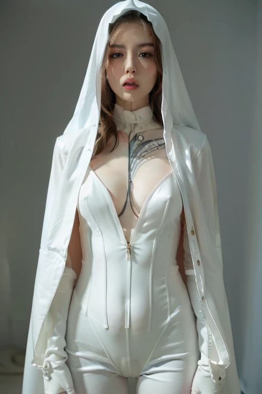 Virgin Mary, Catwoman, white leather, white veil, collar de perra, reif