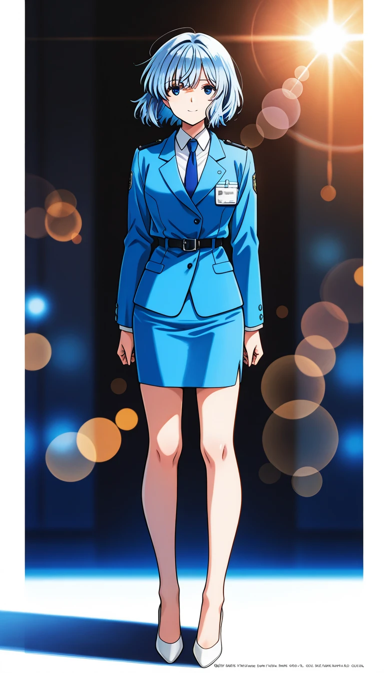 Blue Hair、 short hair、bangs、悲しface、黄colorの瞳、 full body style that reflects your whole body、Normal milk、 narrow waist 、Bare legs、 in a suit、 blue jacket , collared shirt 、 white shirt、 blue tie,belt, blue mini pencil skirt, black tights、White pumps、 official art, Extremely Detailed CG Unity 8K Wallpaper , Full Photo, colorful , bright _ Front_face_光ing,  shiny skin, ( masterpiece:1.0),(Highest_quality:1.0), 超 high definition ,4K, super detailed photo shoot, 8k,  high definition ,  high definition ,  absurd :1.2,  Kodak Portra 400,  film grain ,  blurry background, Bokeh:1.2,  lens flare, ( vibrant_ color:1.2),Professional photography,Anime Images、