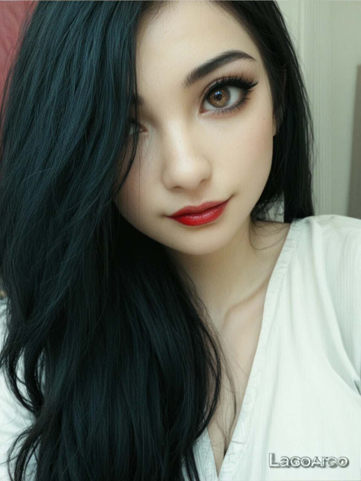 a close up of a woman with long black hair and a red lipstick,  with extremely sexy black hair  liso, Luxuriant black hair,  with extremely sexy black hair , dark hair and makeup,  black hair and big eyes , black hair and brown eyes,  dark black hair, cabello negro azabache, with long black hair,  long black hair !, Black and red tones, blue and red tones