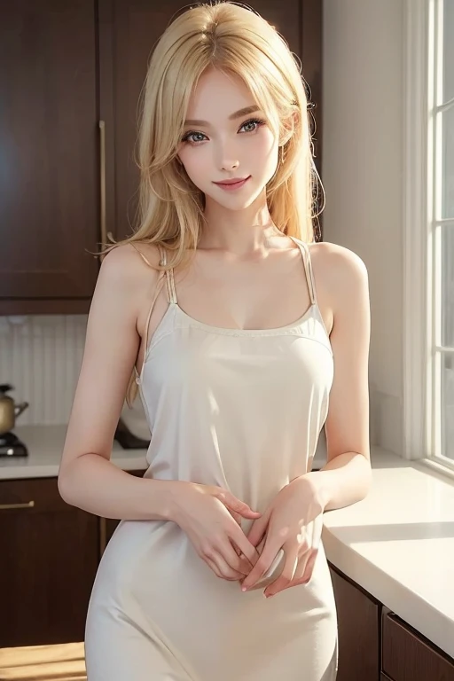 (best quality,8k,highres,masterpiece:1.2),ultra realistic,(human realistic:1.1),full capturing from head to feet,full body,fix abnormal,fix body issue,fix face issue,fix background issue, 1 girl, a young perfect white asian woman with beautiful white dyed hair, at kitchen, wearing apron only, perfect mid fat body, big well shaped buttocks and breasts (F cup) , her armpit exposes white and clean. Full body taken