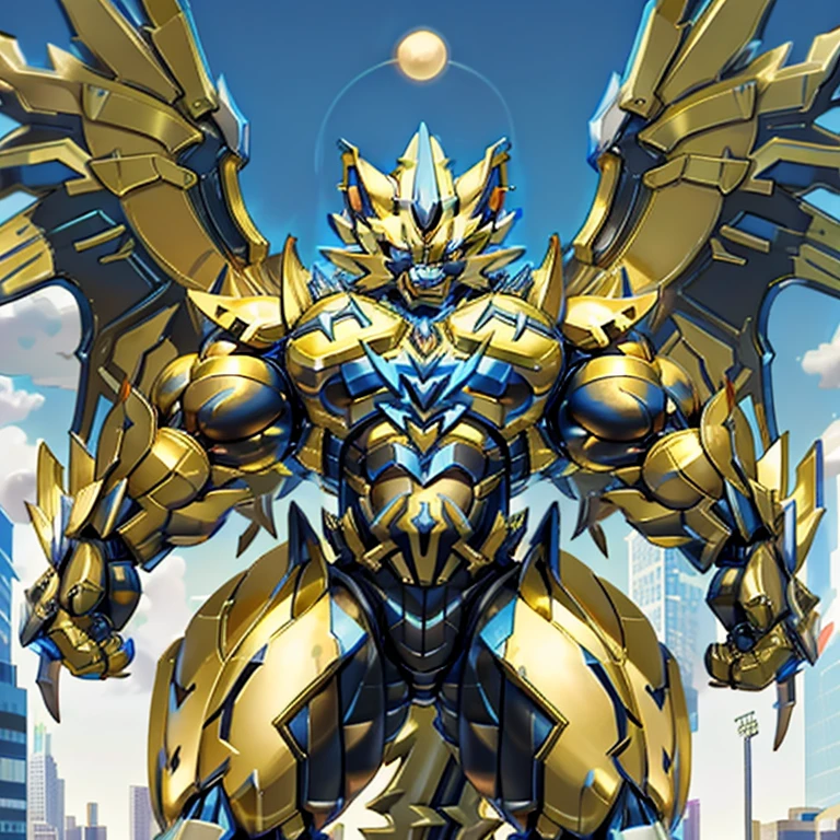 (ZERAORA, 8K), (Zeraora's titanic robot, Powered exoskeleton with the same design as Zeraora, muscular and massive), (Masterpiece, ultra-highres) (Immensely detailed full-body view, defined head, chest, arms, legs, and tail, hyper-defined abs, towering figure, full-body proportions) (colossal and gargantuan muscles, Gigachad-level muscularity, gigantic pecs, oversized triceps, hulking traps, incomprehensibly developed muscular frame, body teeming with colossal muscles, monstrously exaggerated muscle mass) (nj5furry, razor-sharp claws, ferocious teeth, claws built for devastation), (elongated, muscular legs), (Enormous wings spanning the horizon, golden wings that block the sun), (Radiating colossal power with metallic brilliance, clad in a skyscraper-sized cyberpunk mecha, intricate metallic armor emphasizing muscle size, advanced cyborg design towering over cities), (entire body glowing in golden hues), menacing pose, with an arrogant and overpowering expression, destroying a sprawling metropolis.