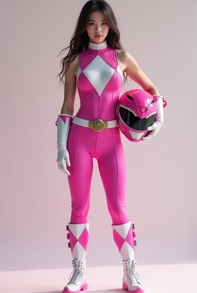 1 cute woman, 25 year old , (long dark hair with cute fringe),(PinkRanger), topless, ripped clothes, (solo) (tight magenta bodysuit), (mini skirt), pink lingery, leggings, white belt, white gloves with pink diamond design, (white boots with pink diamond design), (small breasts), smiling at the viewer,( sunny tokyo background:1.2), vibrant colors