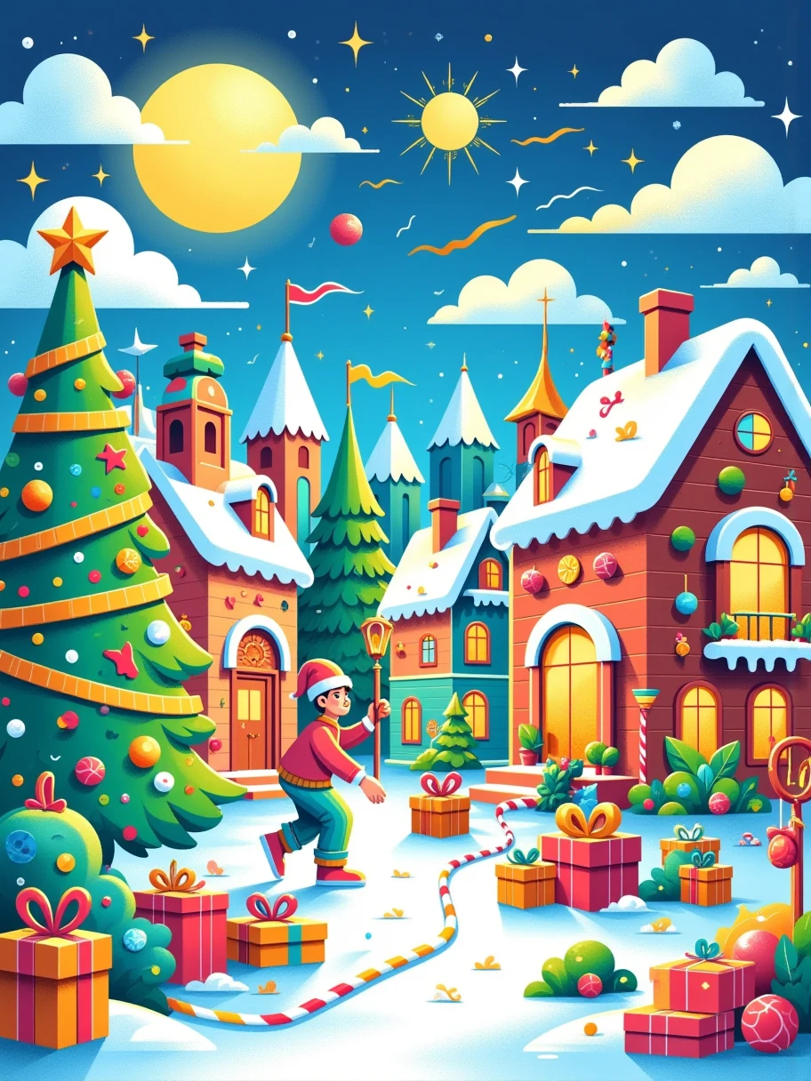 (Sparkling: 1.2), (Dream fairy tale Christmas village: 1.4), (Van Gogh style Christmas architecture: 1.5), (The moon is empty), ((Delicious candy, Christmas tree, gifts, Christmas stockings , cute gingerbread man, chocolate house splash)), illustration style, and decorations, dreamy Christmas town, cute design style, night, snow, full moon, vibrant colors, ((whimsical and charming fantasy) ), surreal portraits, (fantasy-themed fairy tale village), (whimsical architectural decorations), (colourful, candy-filled landscapes), (enchanting, magical landscapes), (vibrant, candy-colored buildings) , (candy and gingerbread trail), (candy castle) in the distance, (rich, dreamlike colors), (twinking stars), (fourth-dimensional dreamland), (psychedelic and charming atmosphere), (playful composition), (vivid lighting effects), 1.4x realism, ultra-high definition, displayed in this beautiful scene