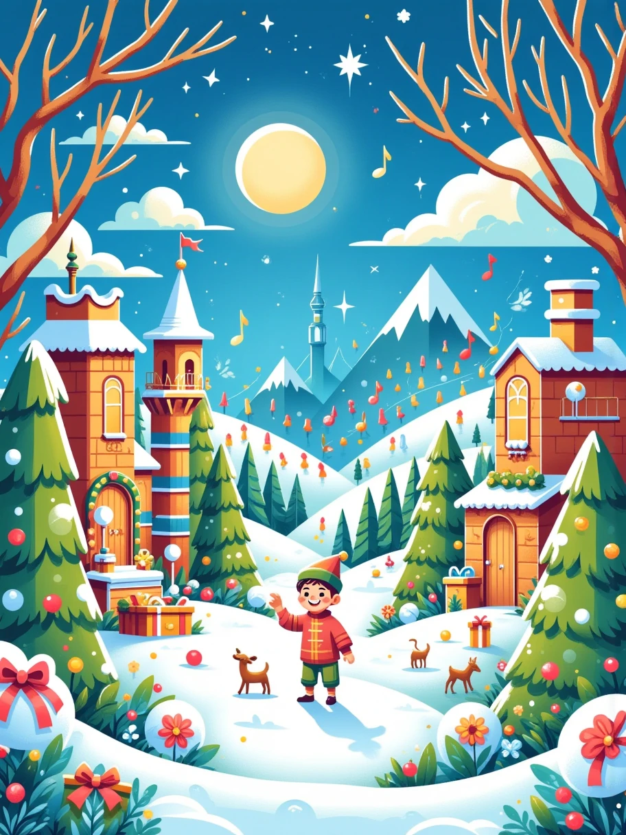 (Sparkling: 1.2), (Dream fairy tale Christmas village: 1.4), (Van Gogh style Christmas architecture: 1.5), (The moon is empty), ((Delicious candy, Christmas tree, gifts, Christmas stockings , cute gingerbread man, chocolate house splash)), illustration style, and decorations, dreamy Christmas town, cute design style, night, snow, full moon, vibrant colors, ((whimsical and charming fantasy) ), surreal portraits, (fantasy-themed fairy tale village), (whimsical architectural decorations), (colourful, candy-filled landscapes), (enchanting, magical landscapes), (vibrant, candy-colored buildings) , (candy and gingerbread trail), (candy castle) in the distance, (rich, dreamlike colors), (twinking stars), (fourth-dimensional dreamland), (psychedelic and charming atmosphere), (playful composition), (vivid lighting effects), 1.4x realism, ultra-high definition, displayed in this beautiful scene