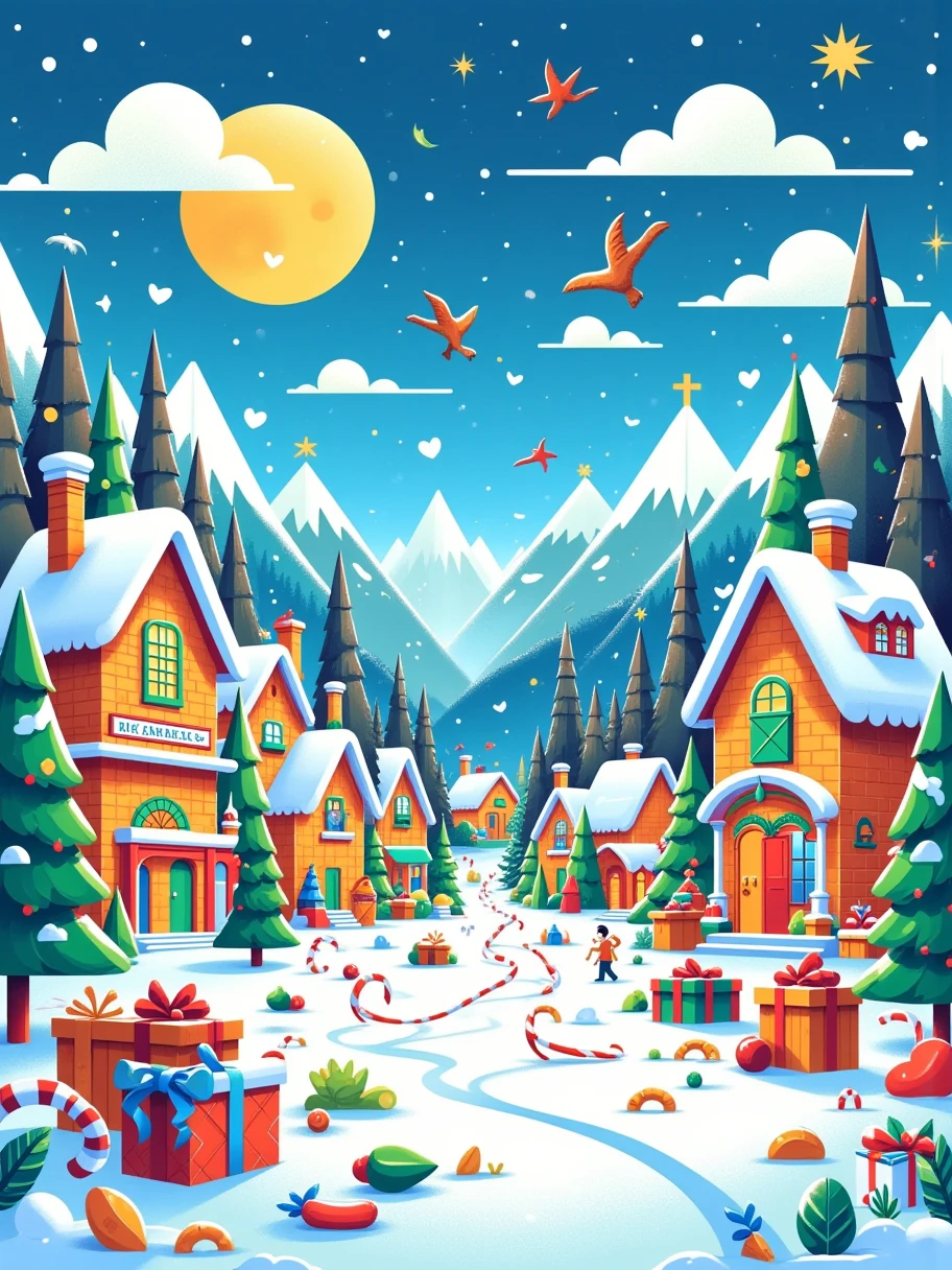 (Sparkling: 1.2), (Dream fairy tale Christmas village: 1.4), (Van Gogh style Christmas architecture: 1.5), (The moon is empty), ((Delicious candy, Christmas tree, gifts, Christmas stockings , cute gingerbread man, chocolate house splash)), illustration style, and decorations, dreamy Christmas town, cute design style, night, snow, full moon, vibrant colors, ((whimsical and charming fantasy) ), surreal portraits, (fantasy-themed fairy tale village), (whimsical architectural decorations), (colourful, candy-filled landscapes), (enchanting, magical landscapes), (vibrant, candy-colored buildings) , (candy and gingerbread trail), (candy castle) in the distance, (rich, dreamlike colors), (twinking stars), (fourth-dimensional dreamland), (psychedelic and charming atmosphere), (playful composition), (vivid lighting effects), 1.4x realism, ultra-high definition, displayed in this beautiful scene