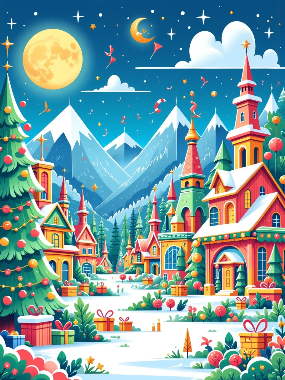 (Sparkling: 1.2), (Dream fairy tale Christmas village: 1.4), (Van Gogh style Christmas architecture: 1.5), (The moon is empty), ((Delicious candy, Christmas tree, gifts, Christmas stockings , cute gingerbread man, chocolate house splash)), illustration style, and decorations, dreamy Christmas town, cute design style, night, snow, full moon, vibrant colors, ((whimsical and charming fantasy) ), surreal portraits, (fantasy-themed fairy tale village), (whimsical architectural decorations), (colourful, candy-filled landscapes), (enchanting, magical landscapes), (vibrant, candy-colored buildings) , (candy and gingerbread trail), (candy castle) in the distance, (rich, dreamlike colors), (twinking stars), (fourth-dimensional dreamland), (psychedelic and charming atmosphere), (playful composition), (vivid lighting effects), 1.4x realism, ultra-high definition, displayed in this beautiful scene