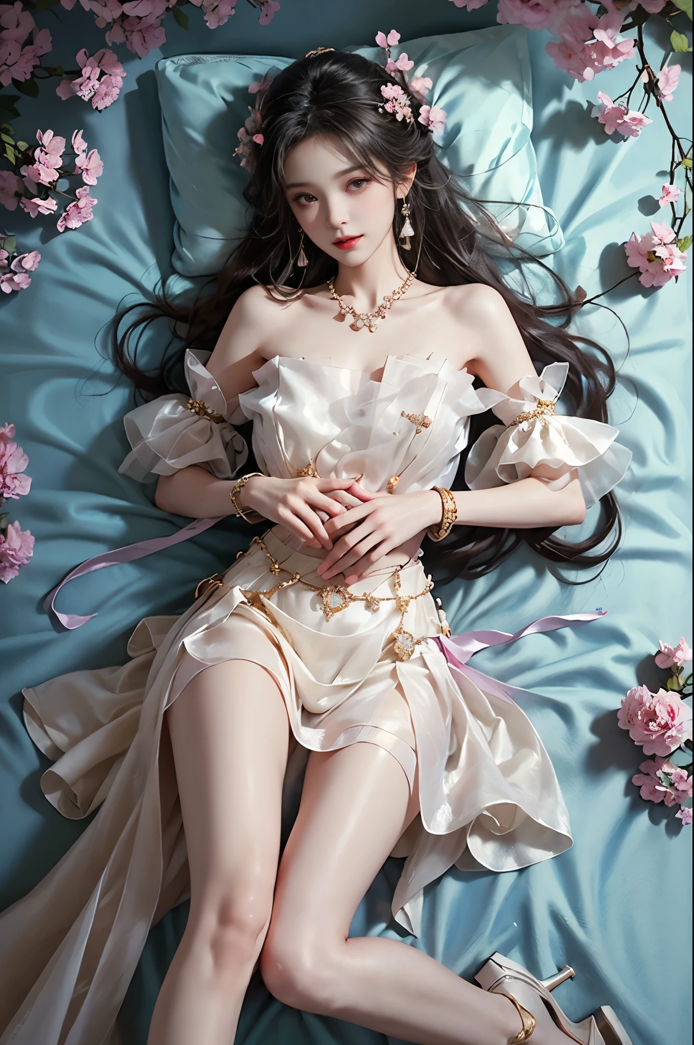 guqinghan, jrys,
high heels,bare shoulders, see-through, jewelry,strapless, collarbone, bracelet, off shoulder,earrings, bow,cleavage, tube dress, strapless dress ,, 1girl, solo, photorealistic, masterpiece, best quality, ultra detailed, beautiful detailed girl, perfect anatomy, (slim waist:1.2), hourglass figure, ((perfect body proportions)), (long slender legs:1.3), toned thighs, cute face, sweet smile, alluring eyes, detailed skin texture, soft lighting, laying on bed, white sheets, elegant pose, crossed legs, (hip lift pose:1.2), scattered pink rose petals, floating petals in air, dreamy atmosphere, depth of field, intricate details,  professional photography, Canon EOS R5, 85mm lens, natural shadows, ambient occlusion, subsurface scattering