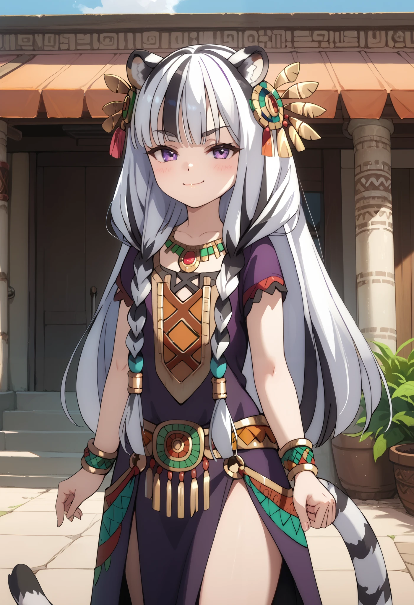 ((masterpiece)), anime style, 1girl, solo, long hair, white hair, black hair, multicolored hair, white tiger ears, white tiger tail, open eyes, purple eyes, Aztec clothes, purple clothes, black clothes, multicolored clothes, Aztec headgear, smug smile, low twin braids, young, cute, standing, blush.