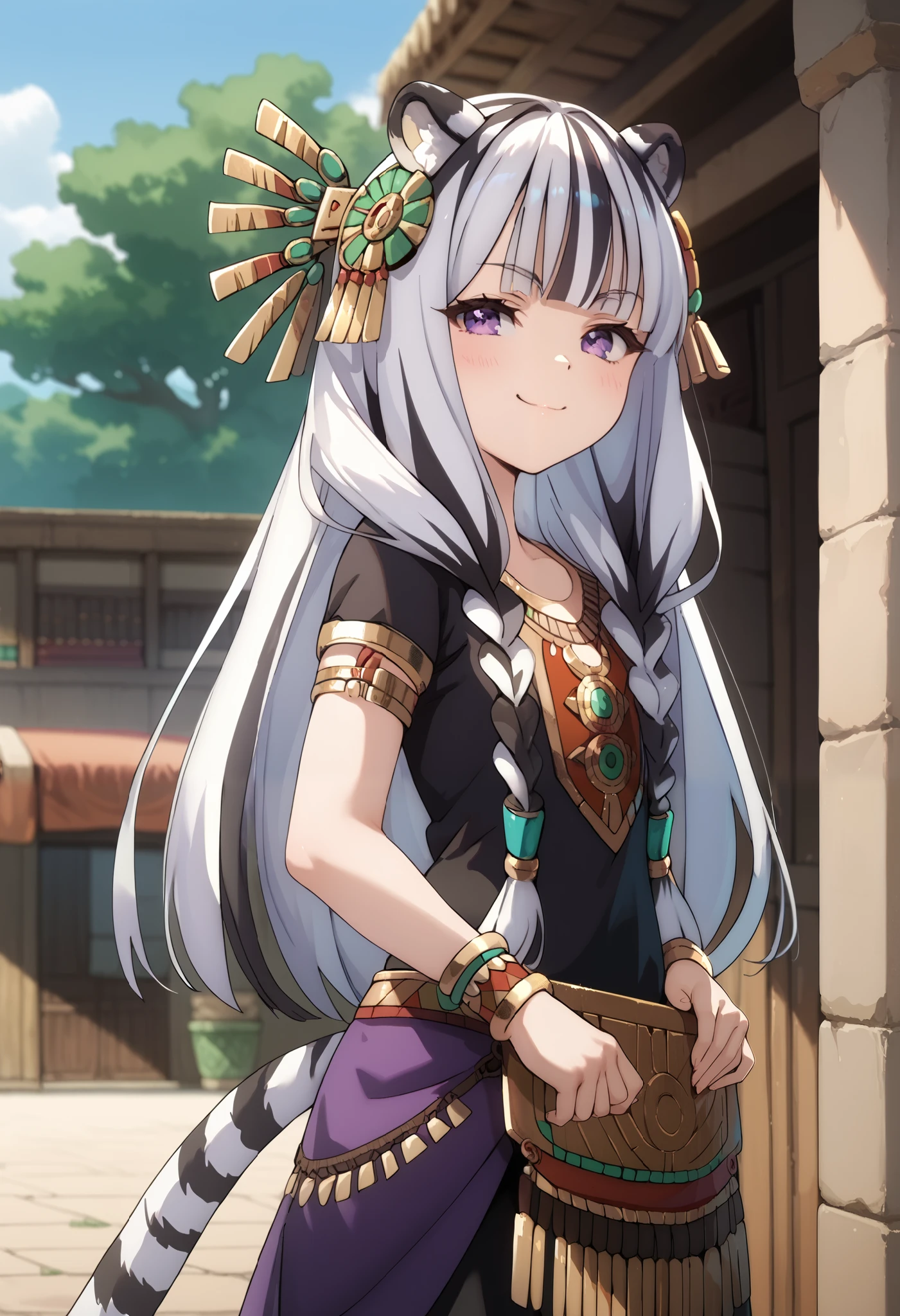 ((masterpiece)), anime style, 1girl, solo, long hair, white hair, black hair, multicolored hair, white tiger ears, white tiger tail, open eyes, purple eyes, Aztec clothes, purple clothes, black clothes, multicolored clothes, Aztec headgear, smug smile, low twin braids, young, cute, standing, blush.