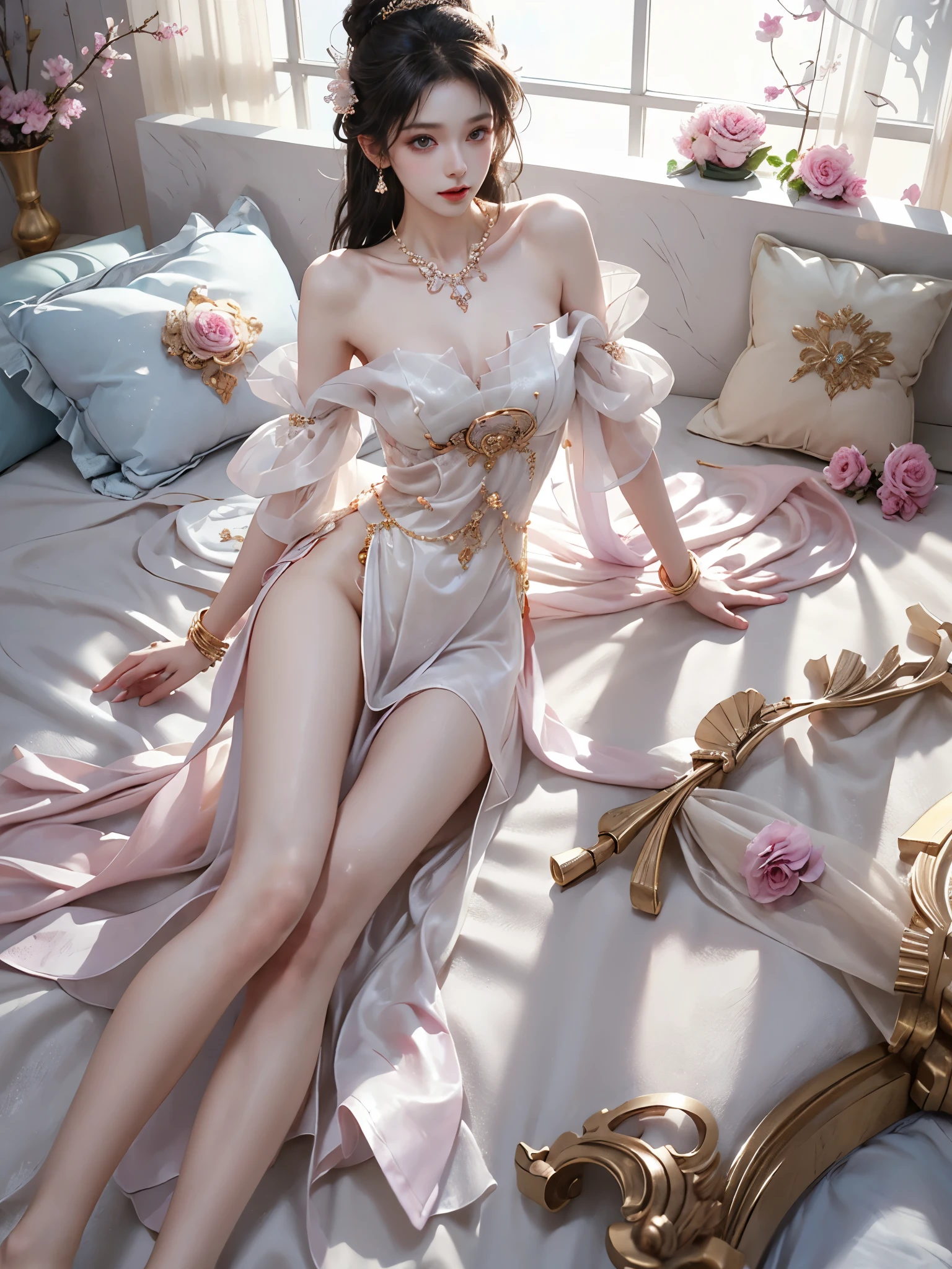 guqinghan, jrys, high heels,bare shoulders, see-through, jewelry,strapless, collarbone, bracelet, off shoulder,earrings, bow,cleavage, tube dress, strapless dress ,, 1girl, solo, photorealistic, masterpiece, best quality, ultra detailed, beautiful detailed girl, perfect anatomy, (slim waist:1.2), hourglass figure, ((perfect body proportions)), (long slender legs:1.3), toned thighs, cute face, sweet smile, alluring eyes, detailed skin texture, soft lighting, laying on bed, white sheets,  elegant pose, (hip lift pose:1.2), scattered pink rose petals, floating petals in air, dreamy atmosphere, depth of field, intricate details, professional photography, Canon EOS R5, 85mm lens, natural shadows, ambient occlusion, subsurface scattering