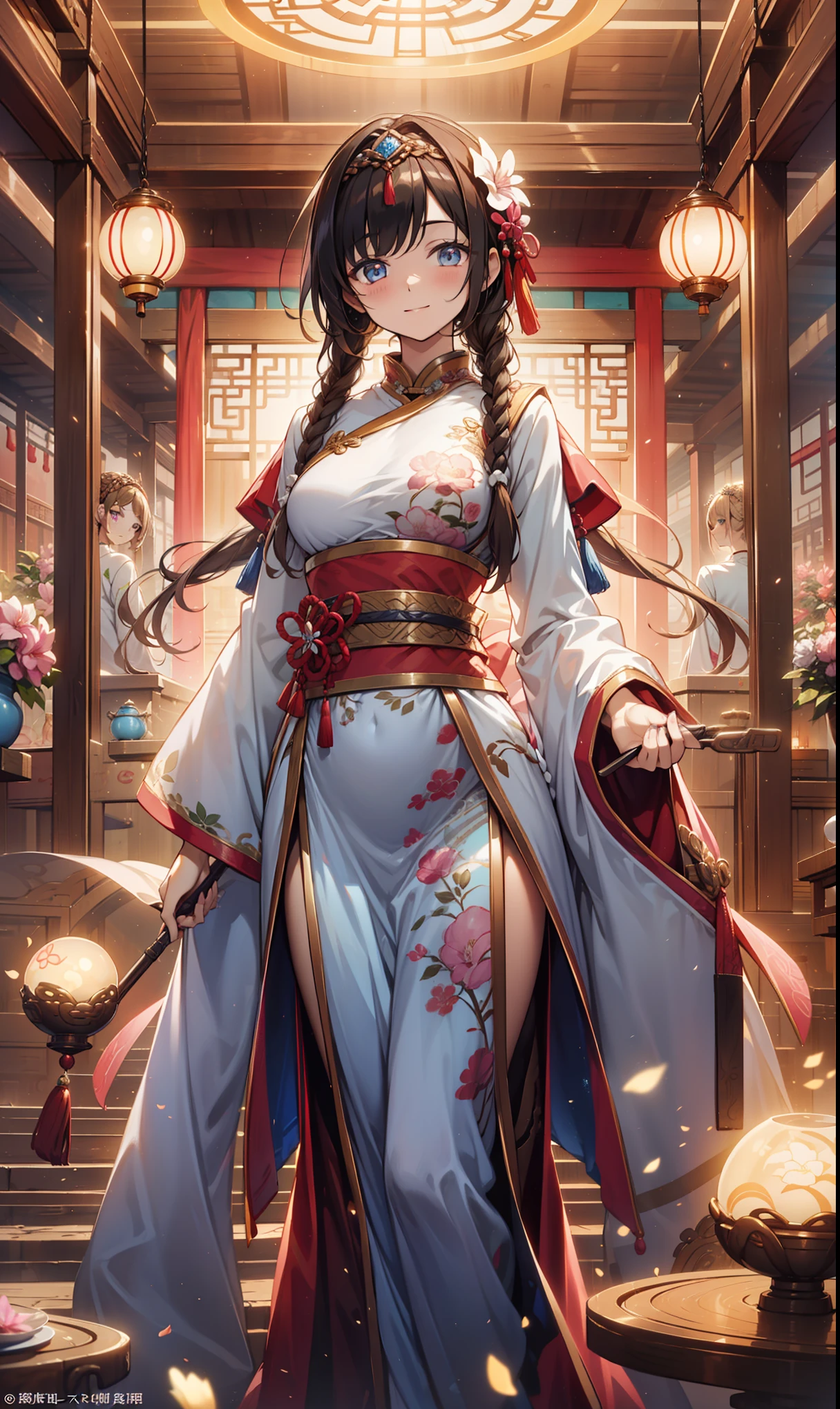 masterpiece, are of the best quality , seaside, banquet, 1 female, Mature Women , Elegant, Chinese, Ancient China, elder sister, Imperial sister, happy , Ball head , Short braids, light brown hair , pink eyes , Gorgeous headdress , Pink clothes, Yarn Clothing, Intellectuals, Full bangs, Straight bangs, flower bulbs , Refined appearance , blue eyes , dreamy colors, Wonderful Environment ,fantasy,immortal