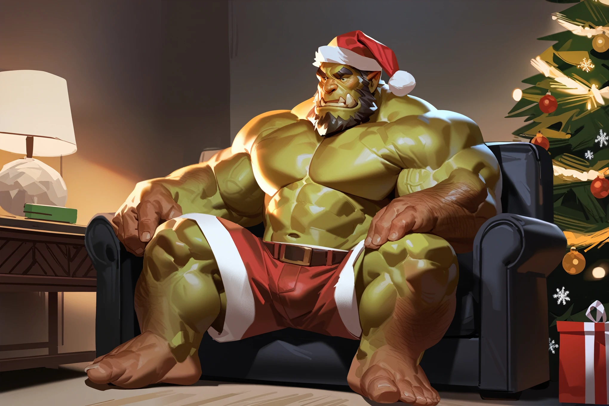 lindong, semirealistic:1.2, solo, huge muscular old orc, sitting, livingroom, sofa, furnace, Christmas tree, christmas decoration, huge muscular, night, shorts, santa hat, semirealistic:2.3, hi res, 8k