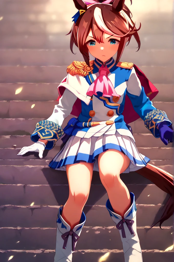 best quality, absurdres, masterpiece, 
tokai teio \(umamusume\),
hair ribbon, pink ribbon, single epaulette, pink ascot, red capelet, long sleeves, asymmetrical gloves, mismatched gloves, white glove, blue glove, multicolored clothes, two-tone jacket, white jacket, blue jacket, shirt, buttons, double-breasted, white skirt, pleated skirt, two-tone skirt, miniskirt, white footwear, knee boots,