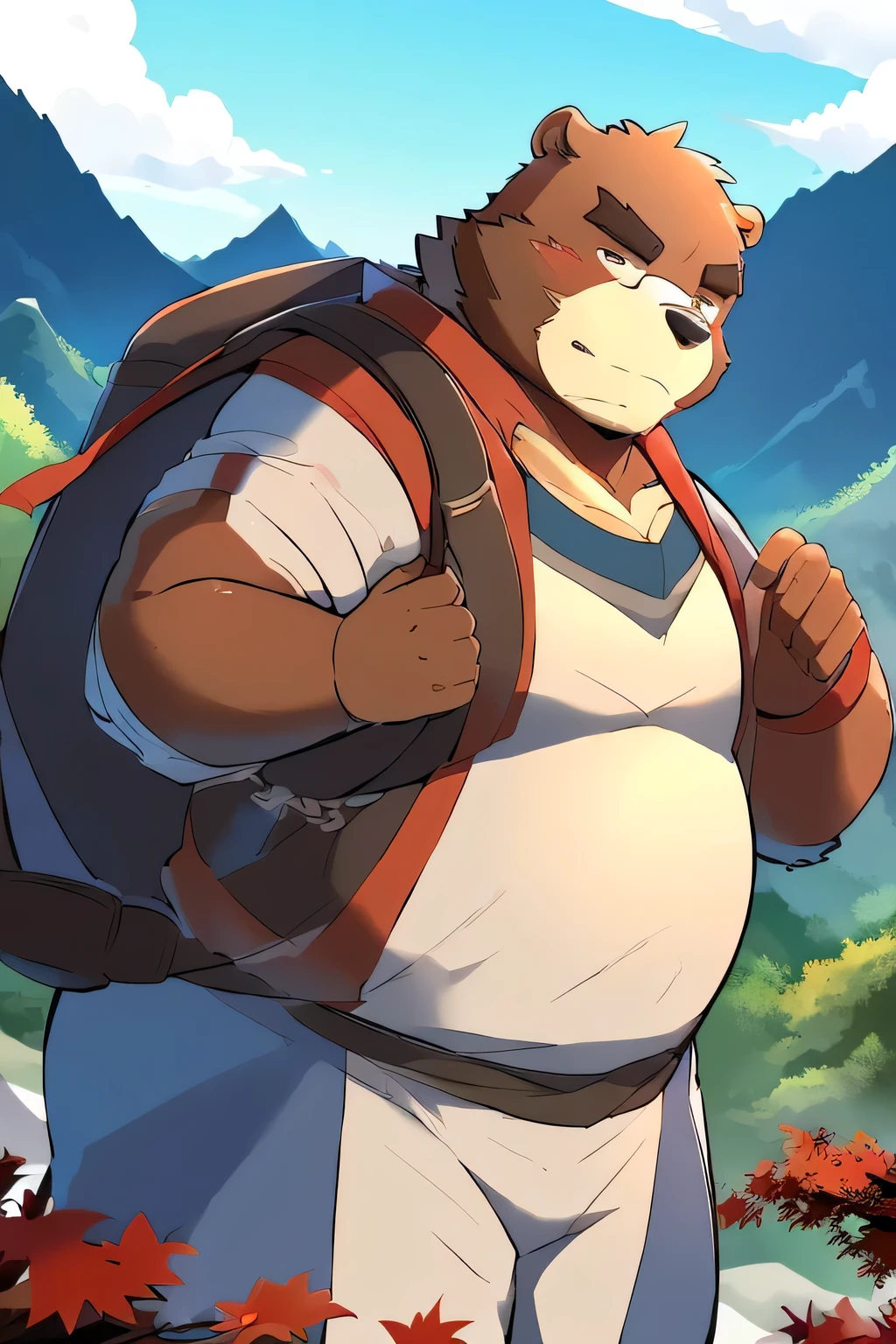 （（obesity、 Being overweight 、overweight face  、 He was wearing glasses.、  Dark Brown Fur））（The Bear Beast Man )(VAGABOND、Traveler、Mountain Climber、 Big Backpack、Down coat、Mountaineering Attire ）( Beautiful Mountain Scenery 、 mountains with red leaves)( seen from afar)