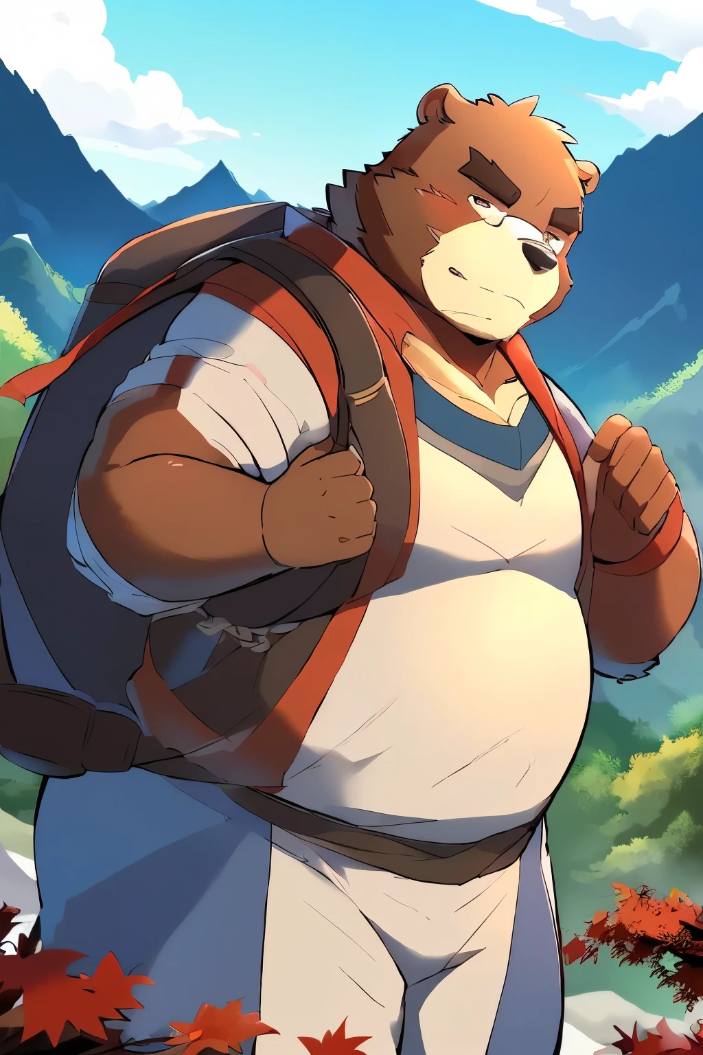 （（obesity、 Being overweight 、overweight face  、 He was wearing glasses.、  dark brown fur））（The Bear Beast Man )(VAGABOND、Traveler、Mountain Climber、 Big Backpack、Down coat、Mountaineering Attire ）( Beautiful Mountain Scenery 、 mountains with red leaves)( seen from afar)