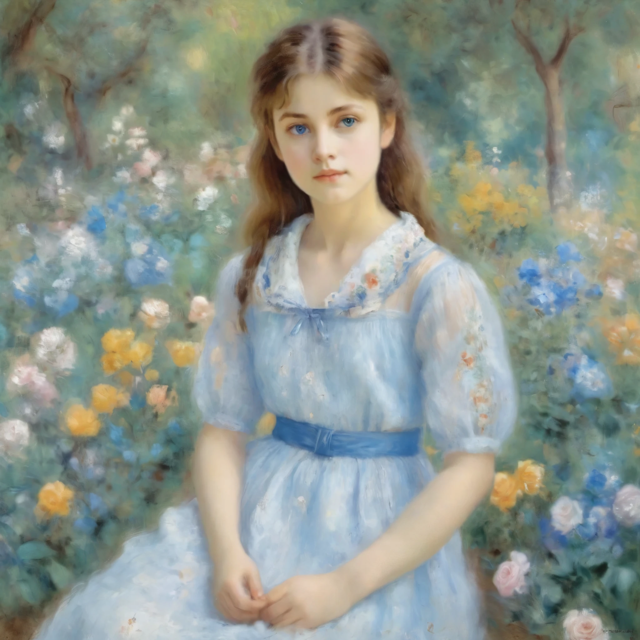 Top quality, detailed, 1 girl, innocent look: 1.5, oil painting, brown hair, blue eyes, light blue dress, garden background with pastel flowers, (Renoir touch, blurred outline, long strokes, soft light), skin texture, artistic, award-winning work, masterpiece,