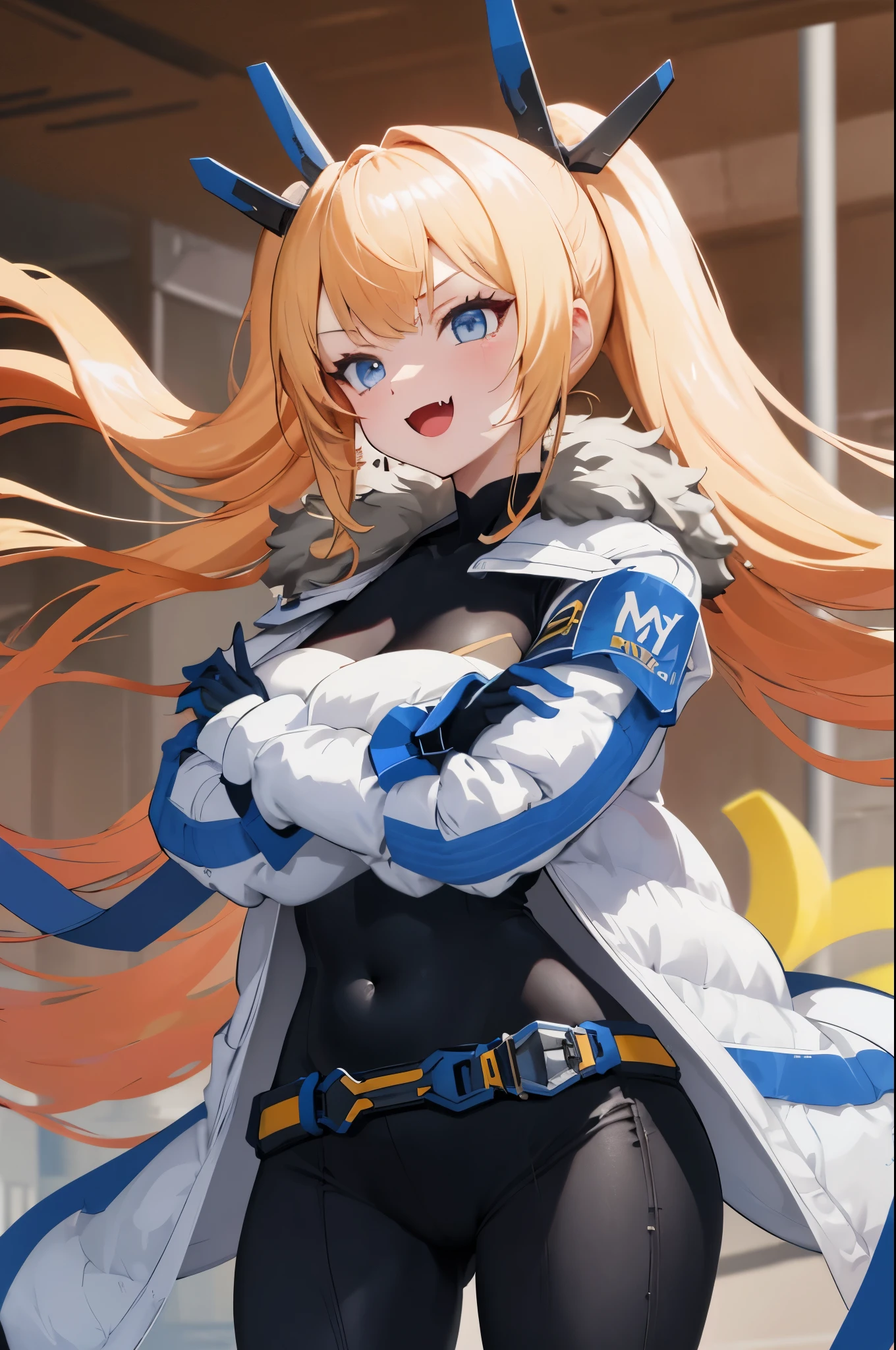 1petite_girl,masterpiece, highest quality,laplace,hair ornament, belt,white_front_open_coat_on_black_bodysuit,fur trim, gloves, blue boots,(upper body),open mouth,(crossed arms),(Standing in honor),big_Smile, smug_face, laugh,open_mouth,fang, bandage_on_cheek,:3 ,navel,groin,