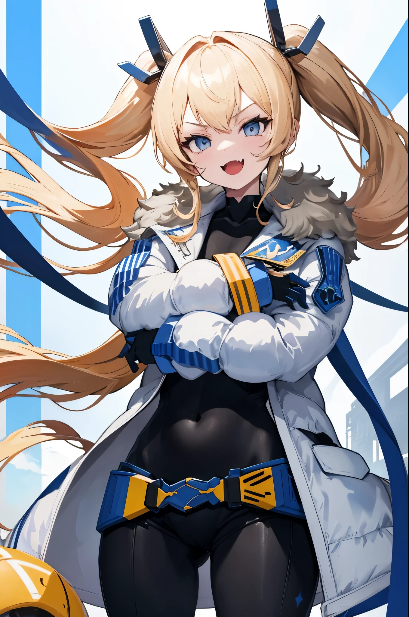 1petite_girl,masterpiece, highest quality,laplace,hair ornament, belt,white_front_open_coat_on_black_bodysuit,fur trim, gloves, blue boots,(upper body),open mouth,(crossed arms),(Standing in honor),big_Smile, smug_face, laugh,open_mouth,fang, bandage_on_cheek,:3 ,navel,groin,