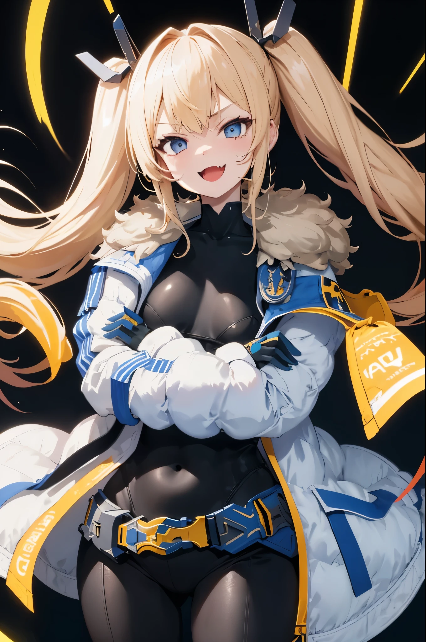 1petite_girl,masterpiece, highest quality,laplace,hair ornament, belt,white_front_open_coat_on_black_bodysuit,fur trim, gloves, blue boots,(upper body),open mouth,(crossed arms),(Standing in honor),big_Smile, smug_face, laugh,open_mouth,fang, bandage_on_cheek,:3 ,navel,groin,