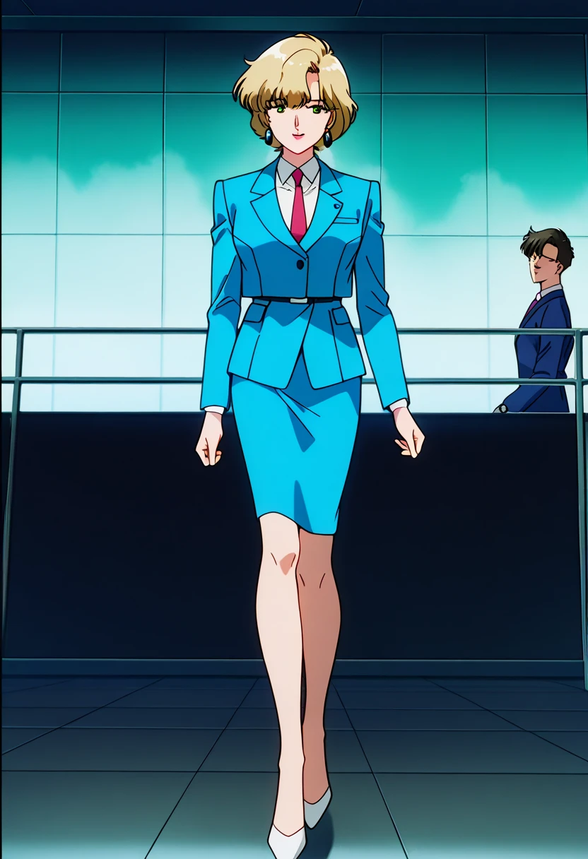  score_9,  score_8_up,  score_7_up,  score_6_up,  Anime Screen Capture , anime coloring, ,  blonde hair ,  short hair, lipstick,  green eyes,
 earrings for a woman alone,  red tie , suit,  blue jacket ,  CLOSE JACKET ,  pencil skirt, Blue Skirt,  high heels, white shoes ,
 standing, Wave your arms,  Watch viewers, smile,