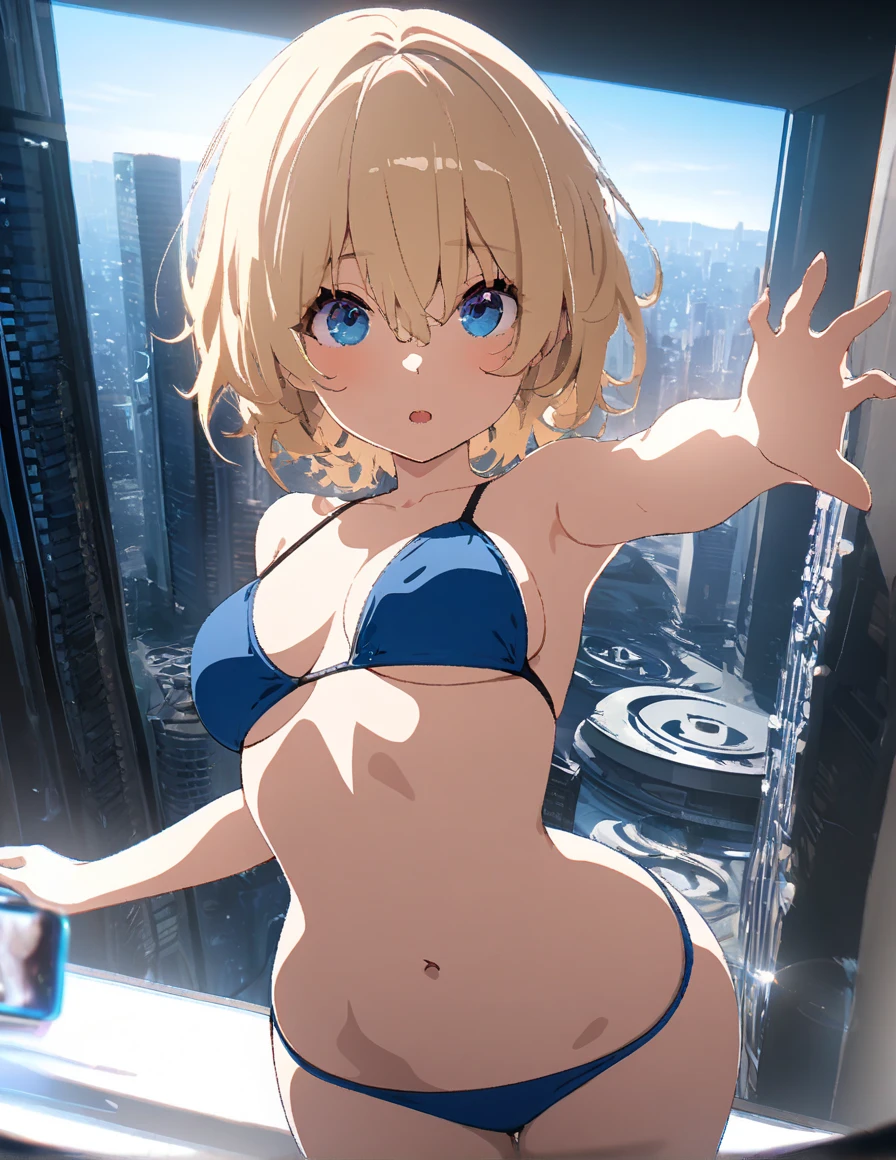 ((masutepiece)), ((Best Quality)), (Ultra-detailed), ((Extremely detailed)), 4K, (8K), Flat color, heavy outline, sharp outline, 1girl in, Solo, Side view, profile shot, Amazingly cute girl of 13 years old, Light brown French braid hair with bangs, yellow bikini and jacket, under the boobs, Computing in a cyberpunk style bedroom, view from round window, rainy evening, Neon glow