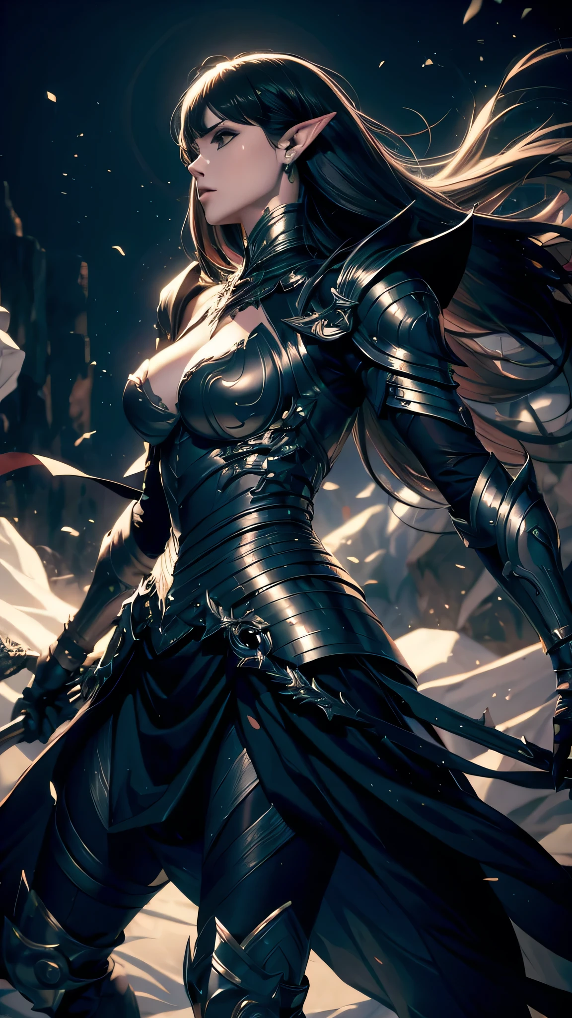 woman, black hair, metal armor, pale skin, pointy ears, fight pose, black theme, rapier, battlefield backgrounds,  