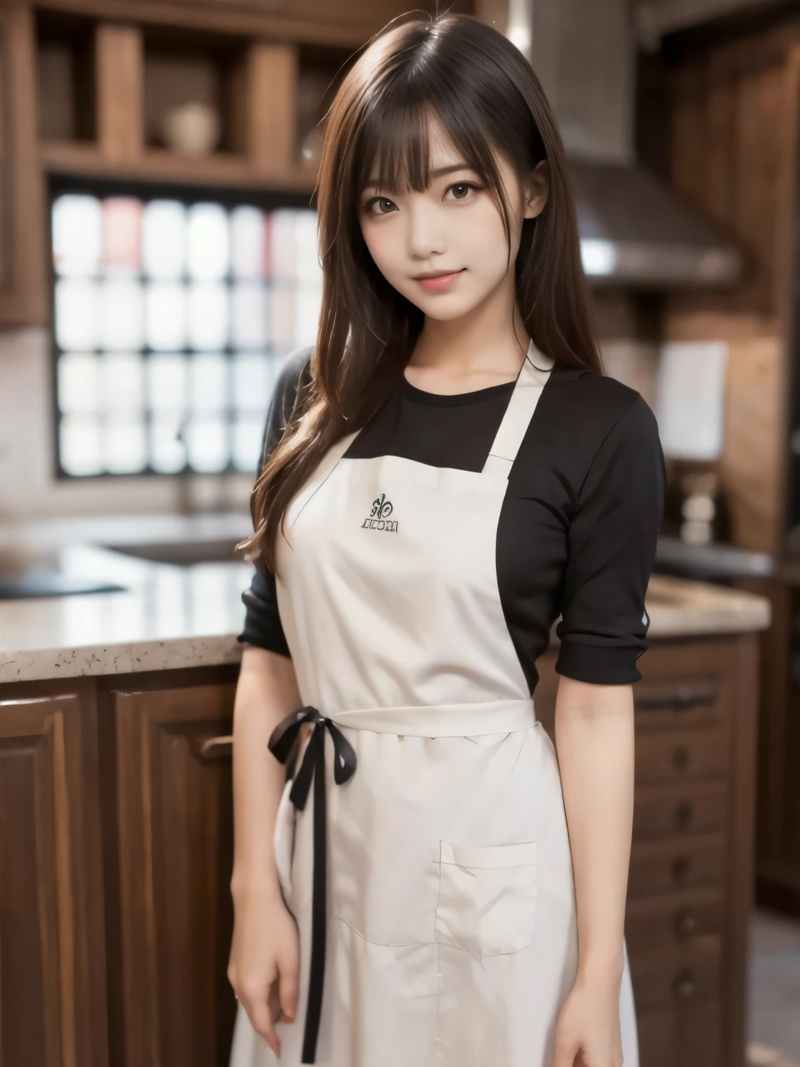 wrc style, woman, lewd pose, seductive look look, apron, kitchen, medieval setting