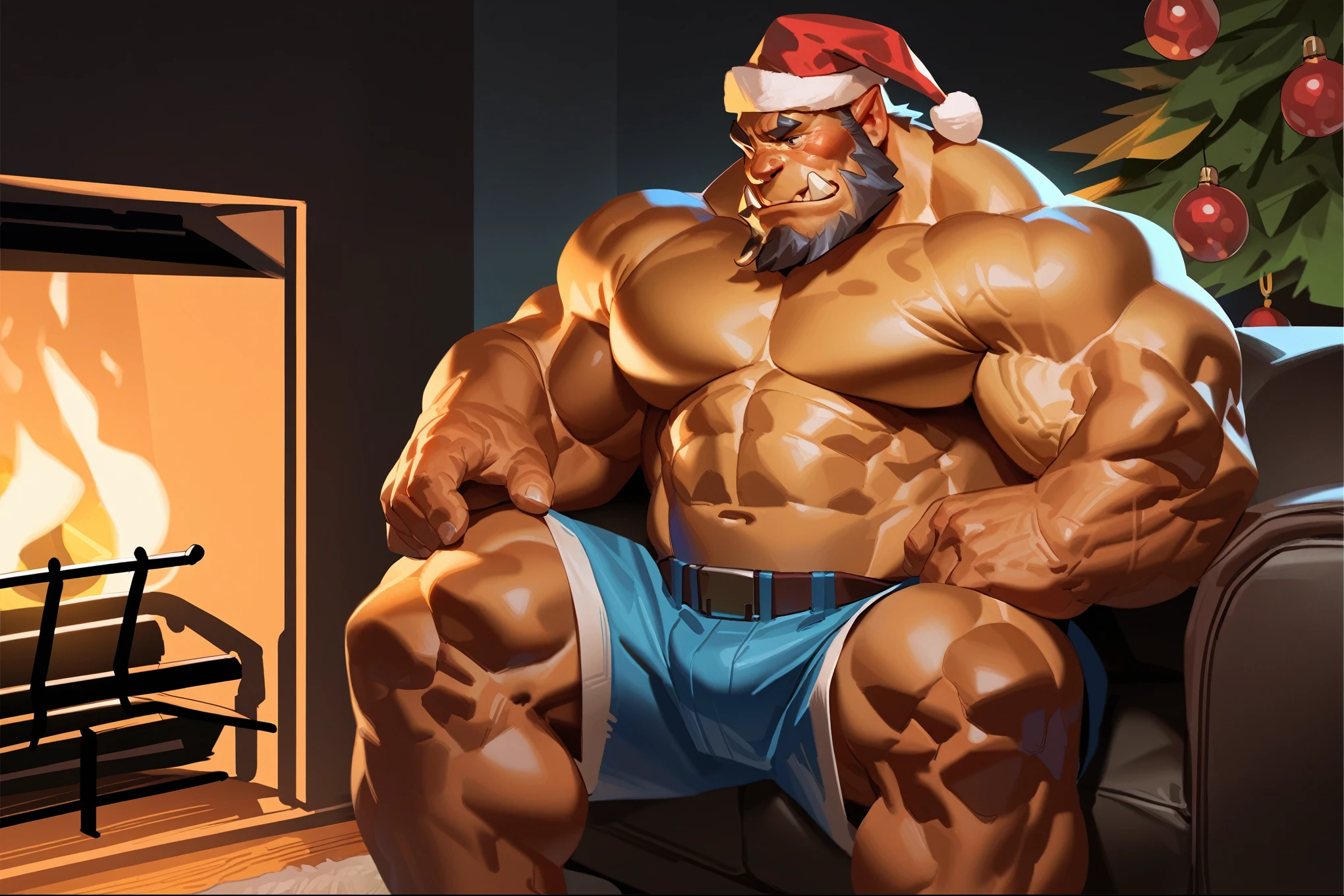 Full body shot of old giant sitting in sauna。Just as big，Too much muscle。The bronzed old man in shorts has a particularly large body。Strong and powerful, hard like a piece of iron, well-developed, full of strength, with a lot of flesh, and black skin。The whole body is getting bigger and stronger in the sauna。Huge breasts，The body swells。Naked