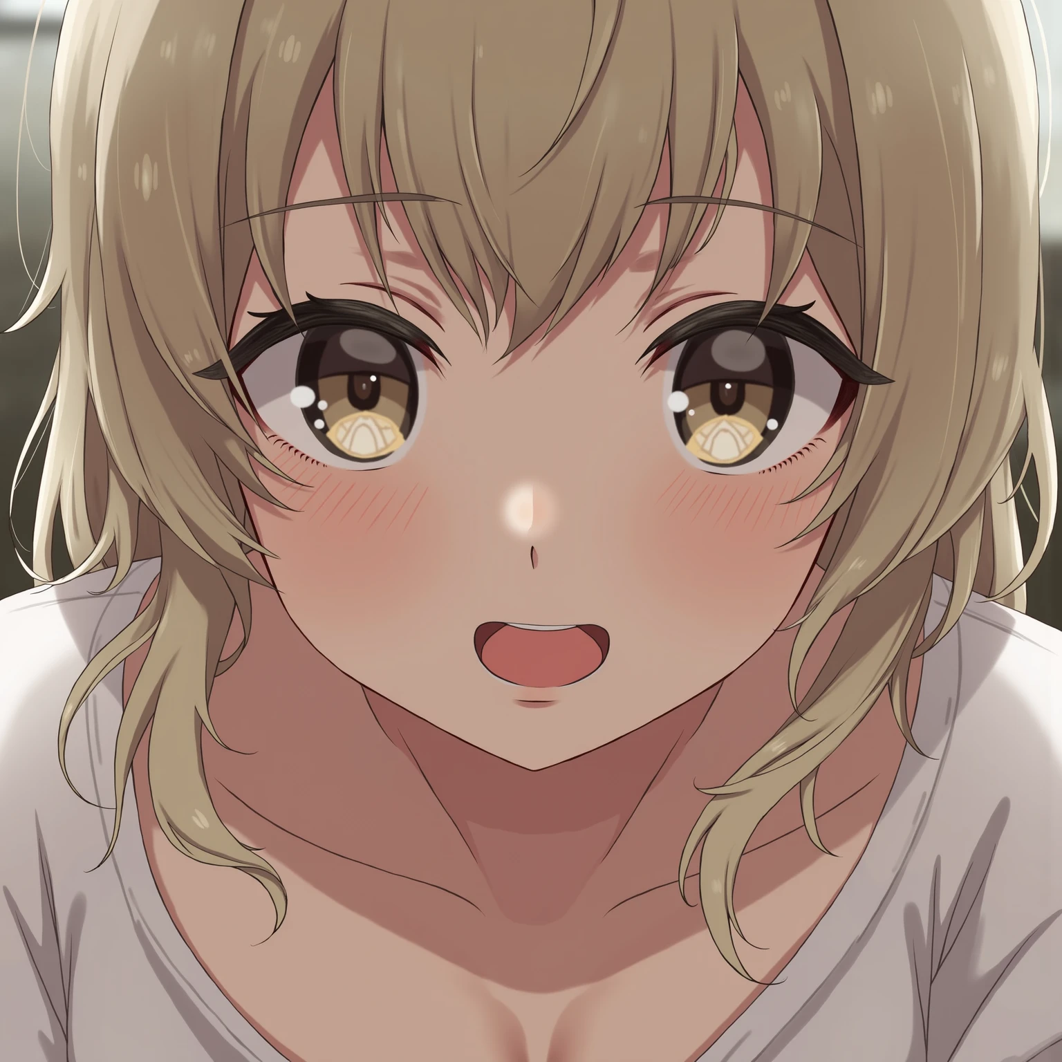 (1girl, shokuhou misaki, toaru majutsu no index), beautiful detailed eyes, yellow eyes, half-closed eyes, (tareme), (opened big mouth, licking, Sticky tongue), nsfw, (close-up mouth), (curvy, Slender),(cleavage), from above, Highest quality, Super detailed, masterpiece, Ultra-high resolution, 8k, Embarrassing, blush, Lovely, (With tears in my eyes), Sticky saliva