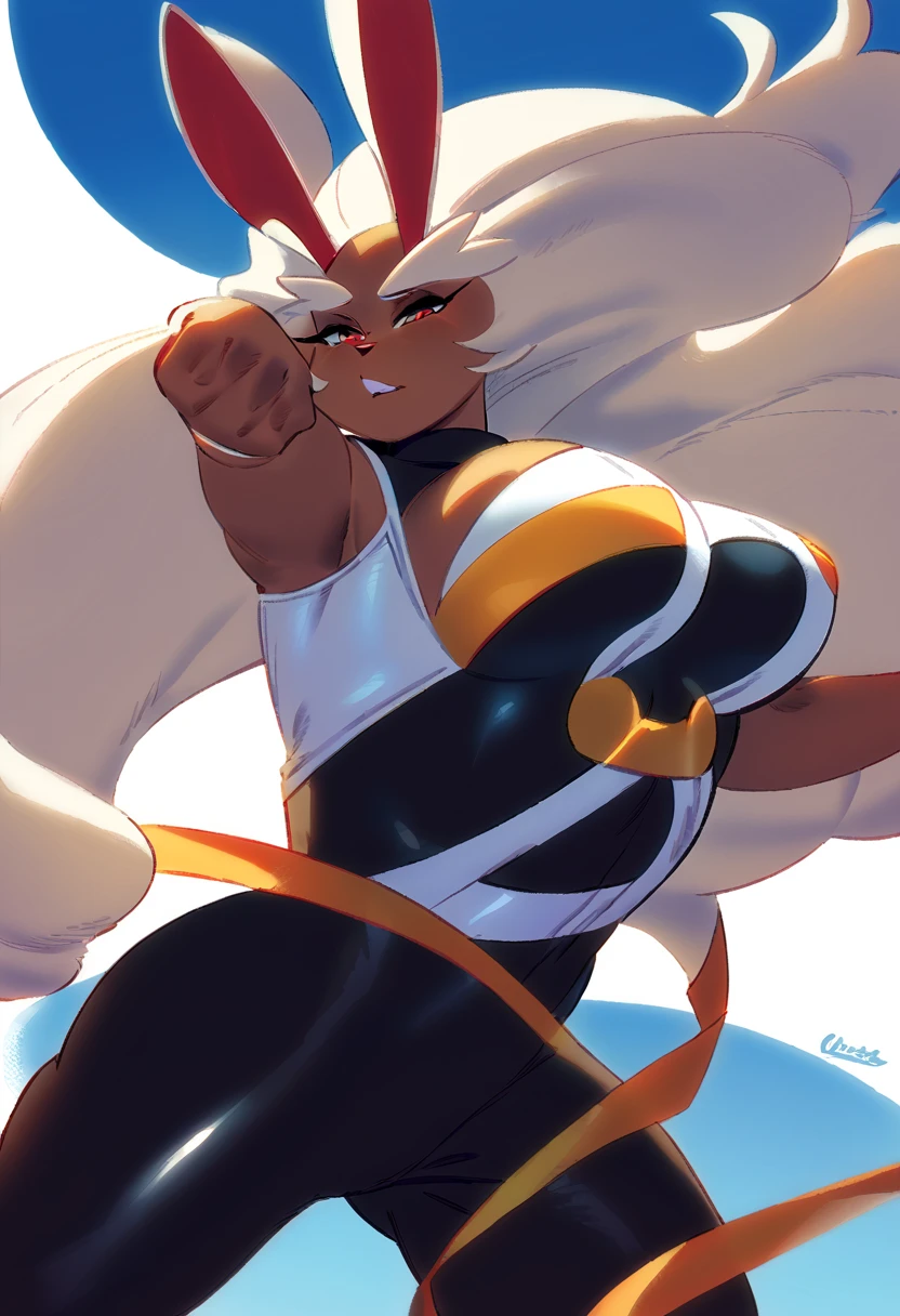 A sexy female anthropomorphic Lopunny, thick body, inspired by Rumi Usagiyama’s outfit, posed in a dynamic kick pose with a low angle perspective. She has a sleek, fit body with visible curves, long fluffy bunny ears flowing dynamically, and a confident expression. Outfit includes fitted clothing with fine details resembling Rumi Usagiyama's hero costume, emphasizing sleek lines and comfort. The art style is minimalistic and inspired by Aruurara, with simple shapes, bold outlines, flat colors, and solid shading. The anatomy is precise, with well-defined limbs, proportional hands, and expressive body language. Physics applied to her big chest and ears for natural movement