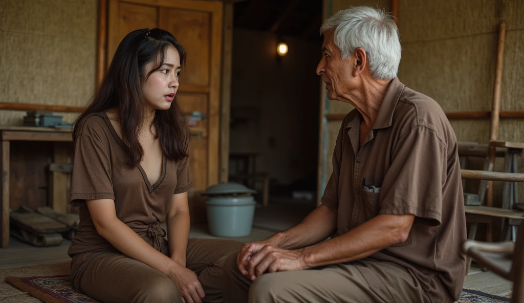 ((ultra-realistic photo)) [A beautiful 19-year-old Indonesian girl, wearing a long, worn-out brown pajama, sits in a simple living room with basic wooden furniture and some old, rickety household items scattered around. She looks shocked, her expression tense as she talks to a 50-year-old man with white hair. The man, wearing a shabby brown shirt, sits across from her, his posture calm but engaged in the conversation. The setting is a modest rural Indonesian home, with woven bamboo walls and minimal decor, reflecting the simplicity of village life. The lighting is soft and natural, coming from a dim bulb, creating gentle shadows and a warm, rustic atmosphere. The textures of the furniture, clothing, and bamboo walls are vividly detailed, emphasizing the worn and aged elements of the room. Captured in 8K resolution with vibrant, natural colors, realistic lighting, and a medium-angle shot focusing on the interaction between the two characters.]