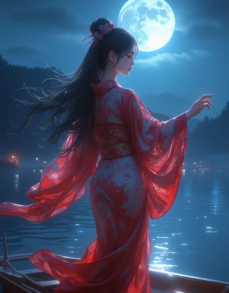 (Realistic), (from side, standing), ultra detailed, best quality, absurdres, 1girl, beautiful black long hair, kimono, kanzashi, ride on a wooden boat, dance, (in night lake), full moon, the moonlight shines on her, fantastical